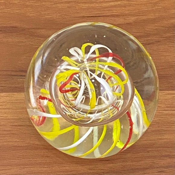 Handblown Art Glass Yellow White & Red Swirl Round Paperweight - Picture 5 of 10